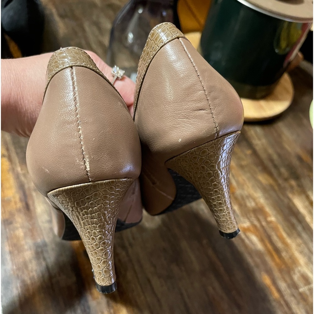 Joan David almond toe, taupe ankle booties.